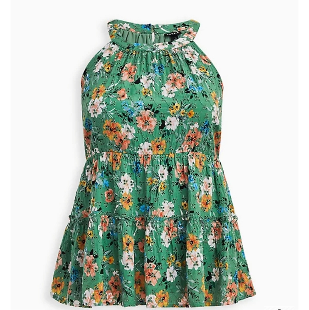 TORRID Green Floral Eyelet Tiered Babydoll Sz 1 (14/16)